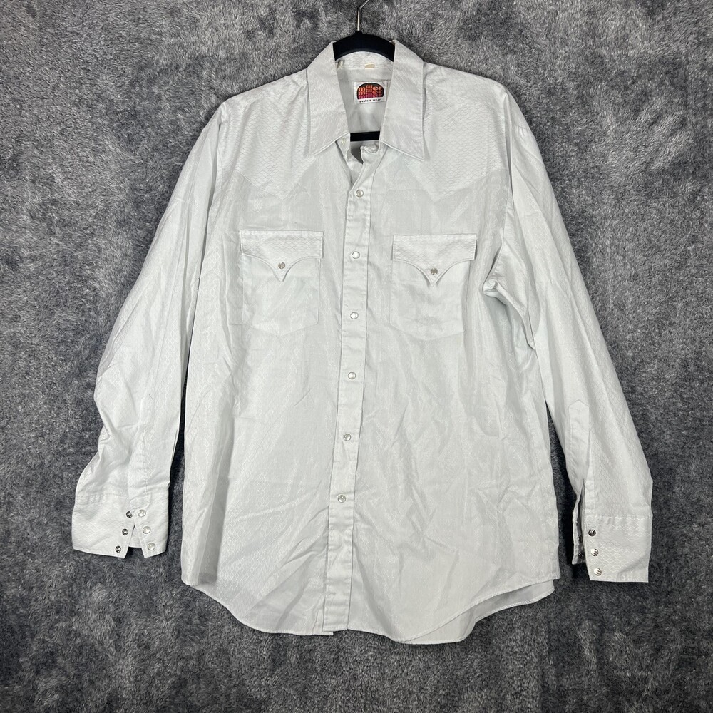 Vintage Miller Shirt Mens 34 White Western Diamond Pearl Snap Long Sleeve Cowboy